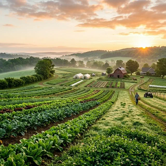 Lush organic farm at sunrise